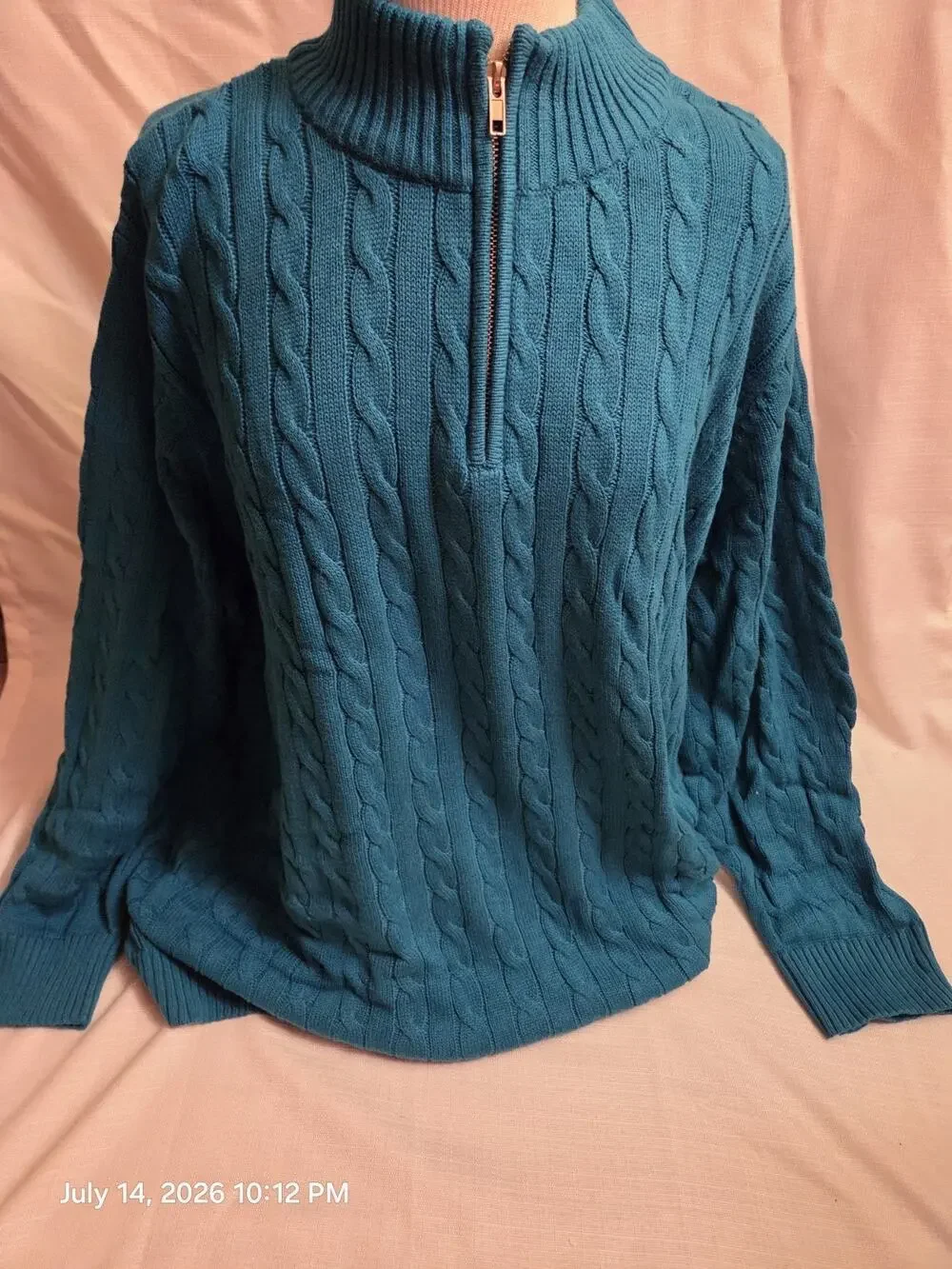 Woman Within Women's 3X Teal Cable Knit Mock Neck 1/4 Zip Cotton Sweater - Picture 1 of 4